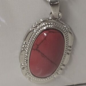 Silver Tone Necklace Red Agate